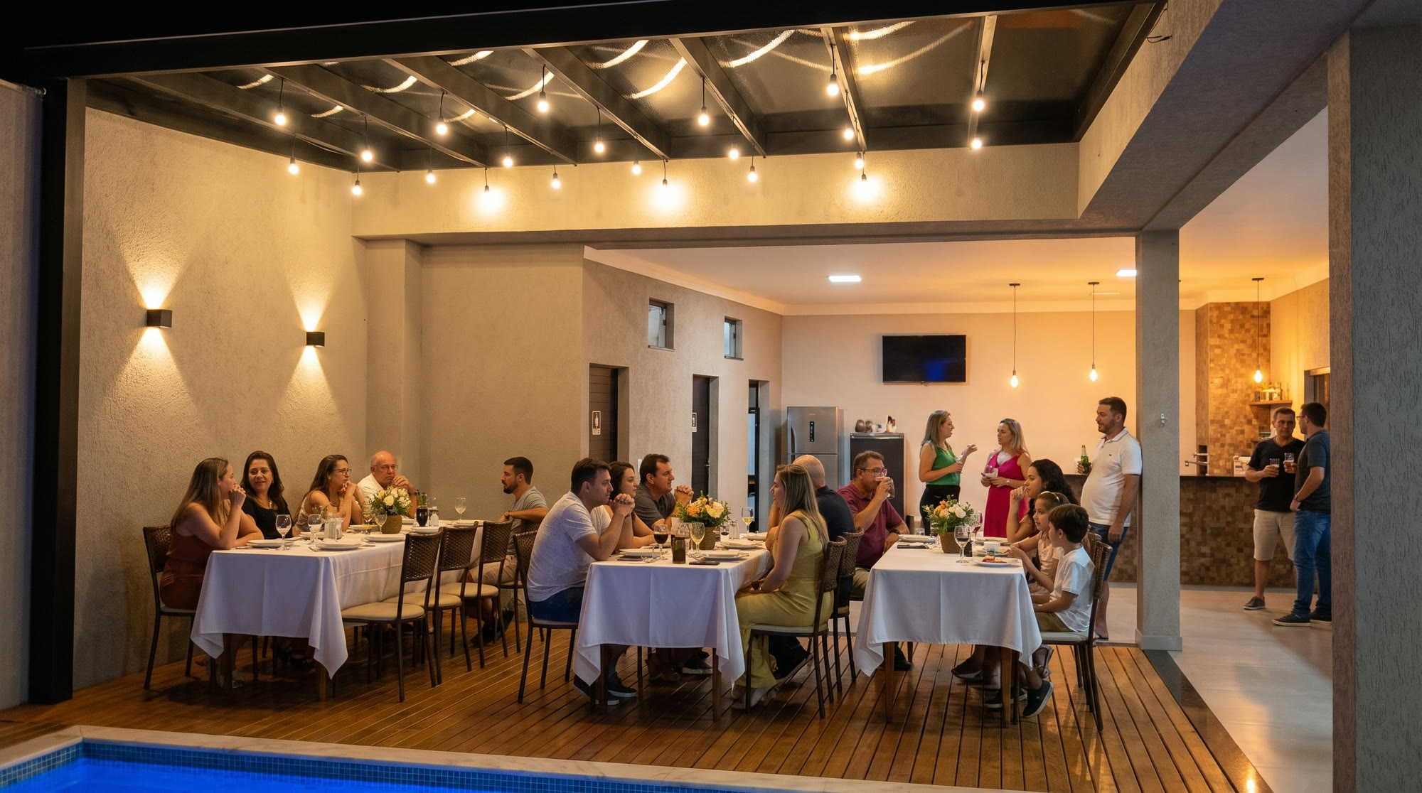 Simulação do salão coberto montado para uma festa à noite, com mesas postas e convidados